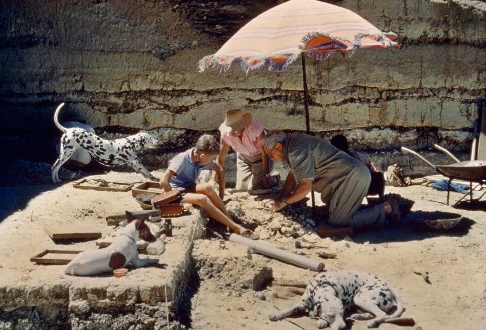 Mary Leakey családjával egy régészeti ásatáson Afrikában és kedvencei, a dalmaták