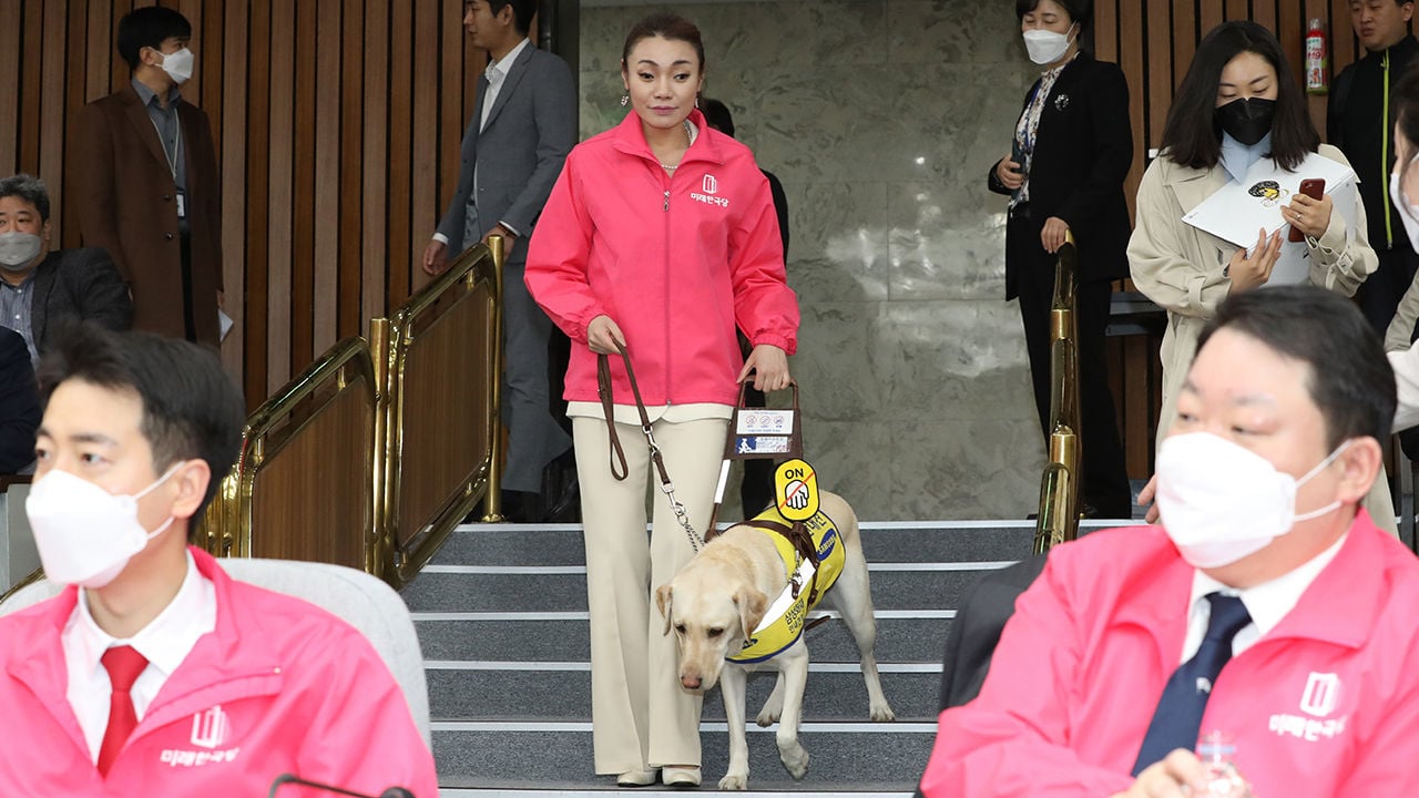 Kim Je Dzsi és Joy, a vakvezető kutya