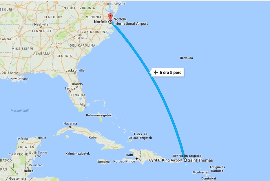 Ktuyamentés - Hat órán át tartott a repülőút az Amerikai Virgin Szigetek és Norfolk között