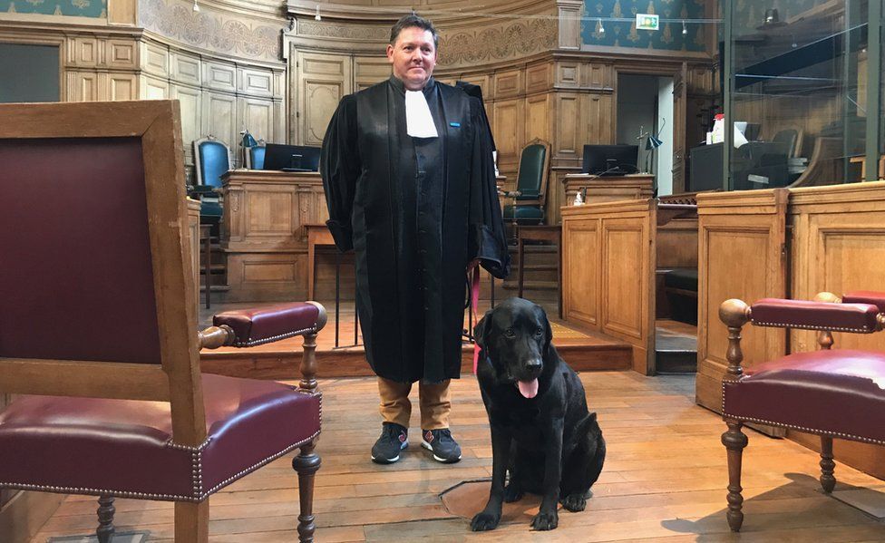 Frédéric Almendros ügyész és Lol, az áldozatsegítő kutya a francia bíróságon