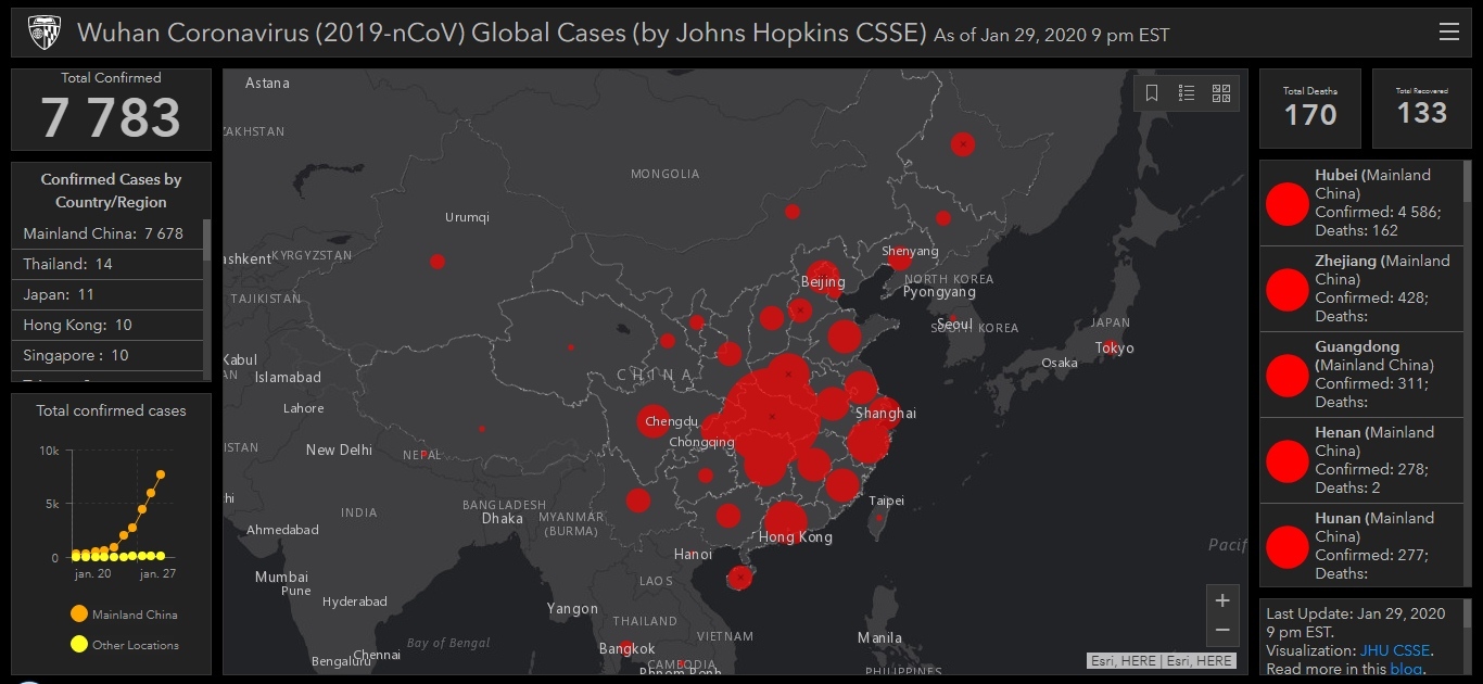 A 2019-nCoV koronavírus fertőzéses eseteinek interaktív térképe folyamatosan frissül