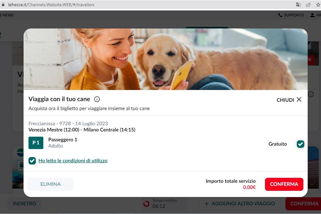 Utazás kutyával vonaton Olaszországban - A Trenitalia honlapján a menetjegy megvásárlása előtt adhatjuk hozzá a négylábú utast