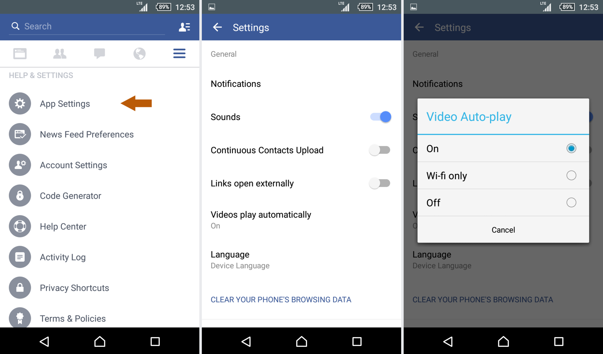 Android alatt futó Facebook alkalmazás beállítási lehetőségei