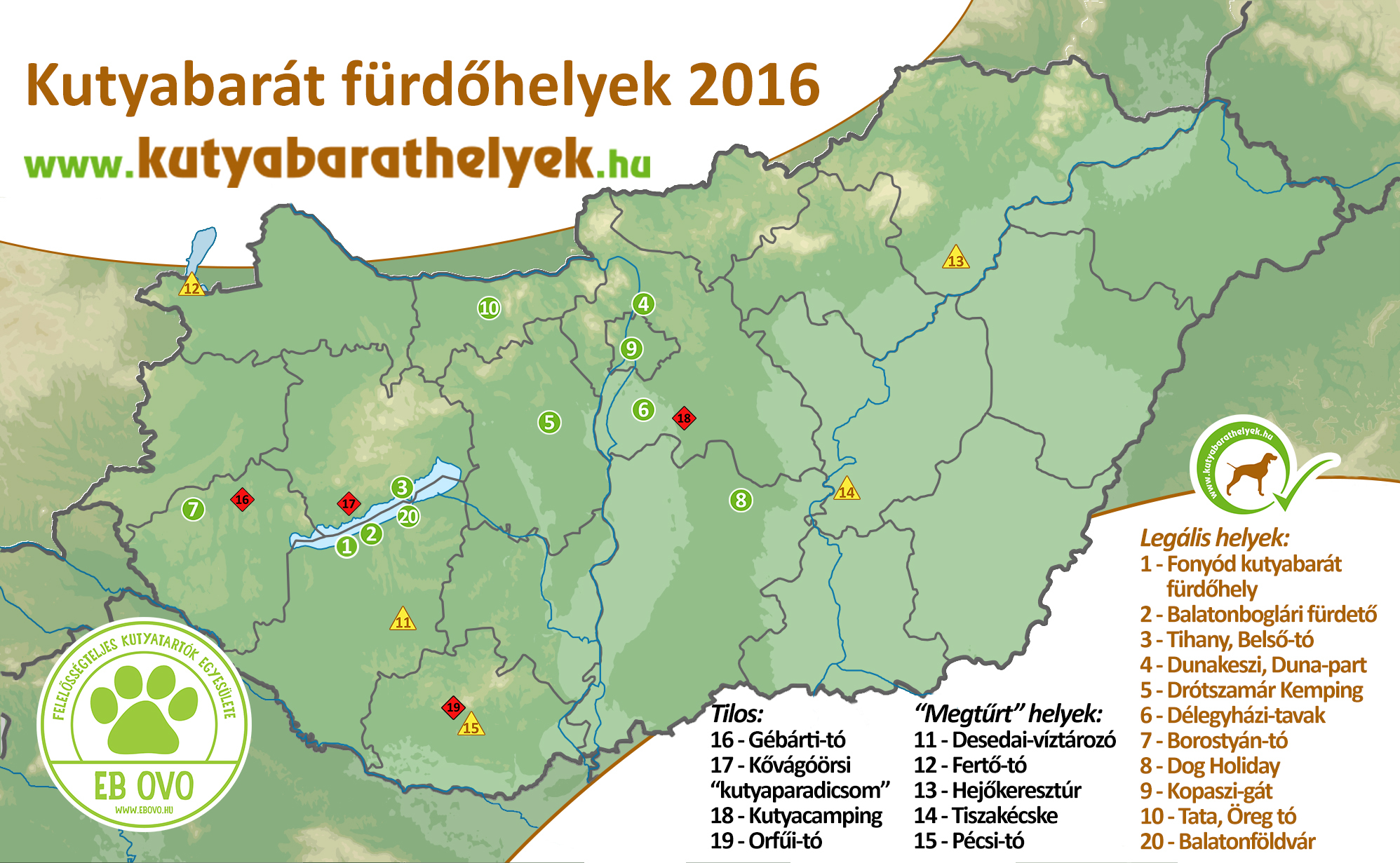 Kutyabarát strandok és fürdőhelyek Magyarországon 2016-ban - A kép kattintással nagyítható