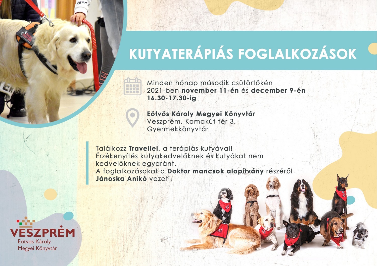 Kutyaterápiás foglalkozások a kutyabarát Eötvös Károly Megyei Könyvtárban