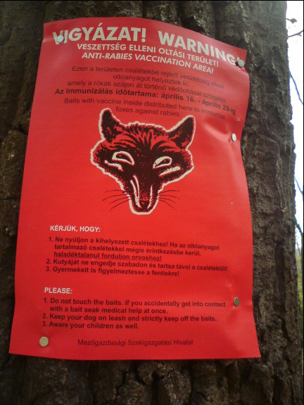 Vörös színű plakátokkal hívják fel a kihelyezett vakcinákra az erdőkben