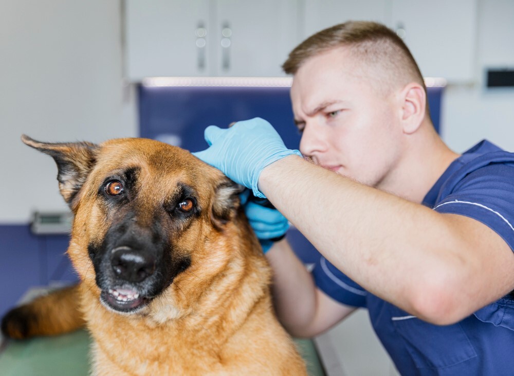 Az állatorvos megvizsgálja a kutyát, hogy a tüneteit allergia okozza-e