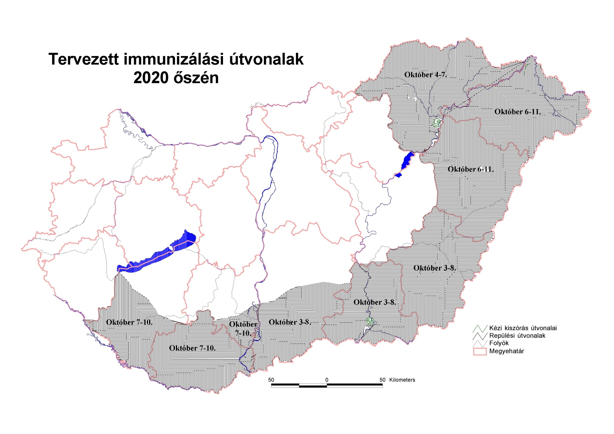 Az ebzárlat által érintett területek Magyarországon 2020 őszén