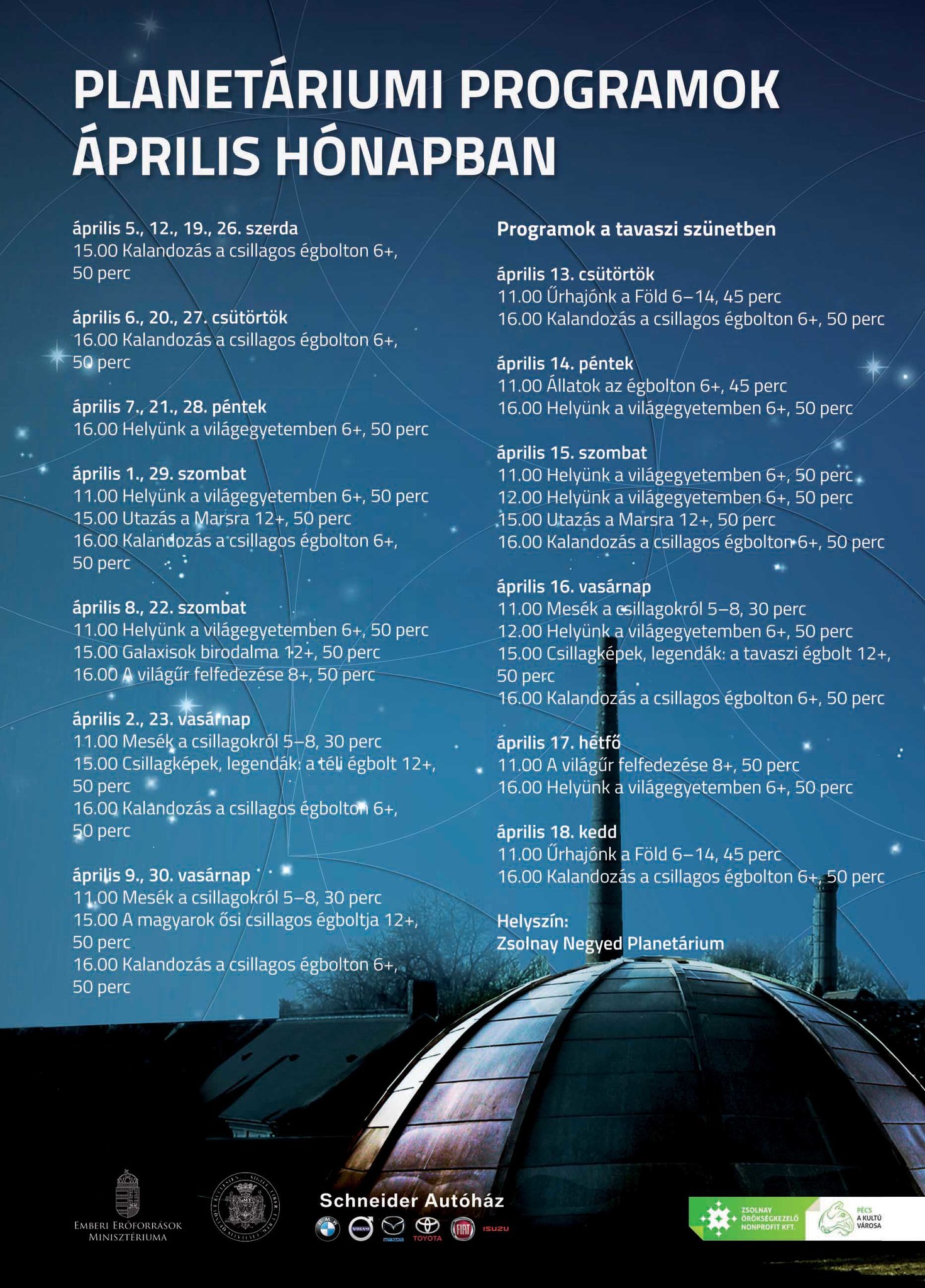 Planetáriumi programok áprilisban - Pécs