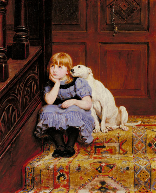Korabeli festmény és kislányról és az őt vigasztaló kutyájáról (Briton Riviére 'Sympathy' 1877)