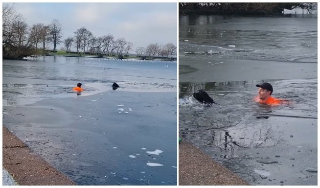 Beugrott a jeges vízben rekedt kutya után, hogy megmentse életét